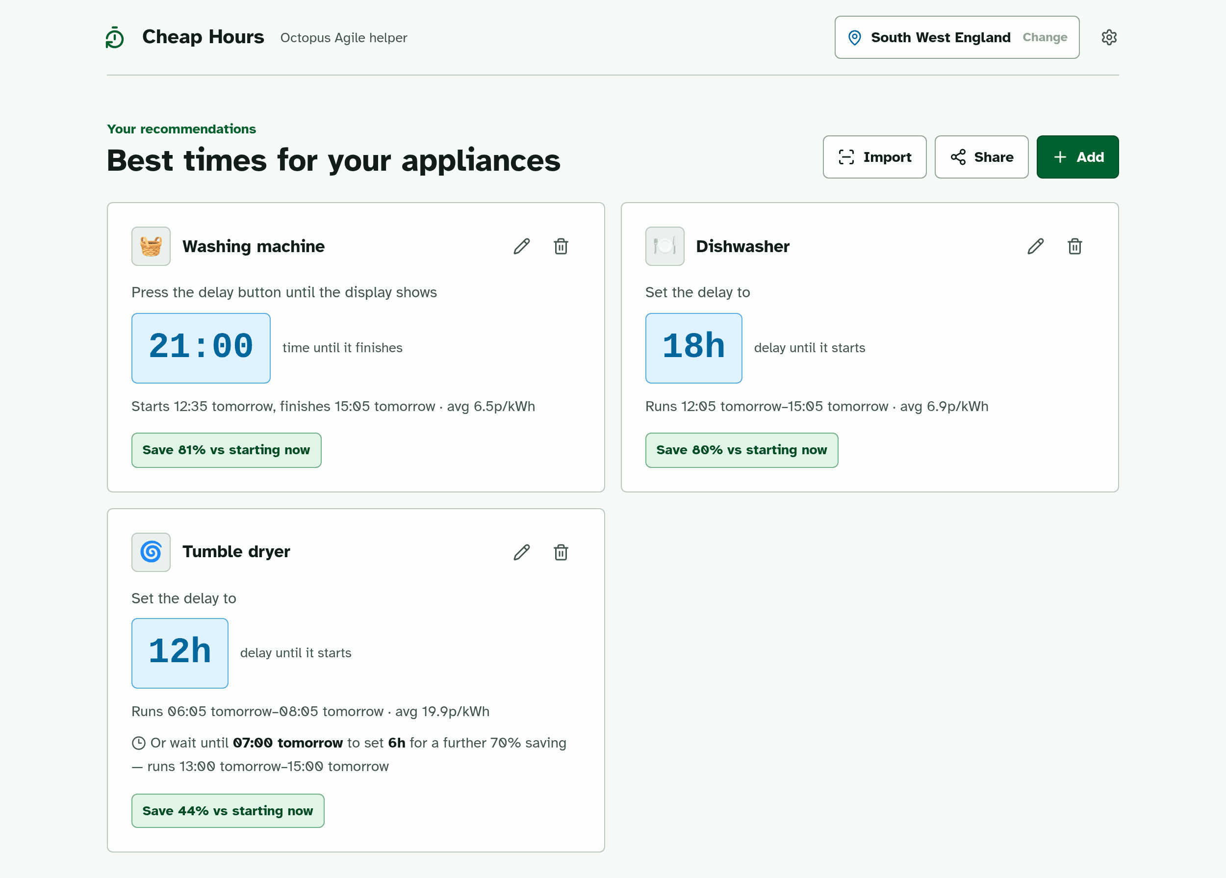 Cheap Hours showing delay timer settings for a washing machine, dishwasher and tumble dryer